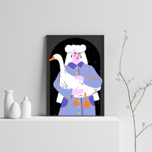 Woman with goose art print