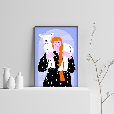 Woman with lamb art print